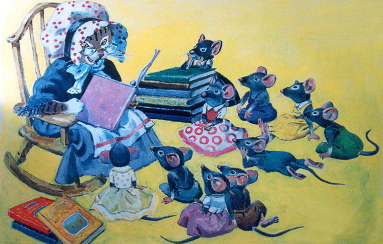 ציורי קיר חתולה קוראת בספר לעכברים