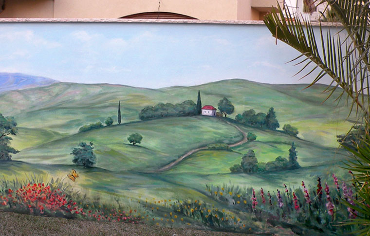ציור נוף עם בית ופרחים על קיר