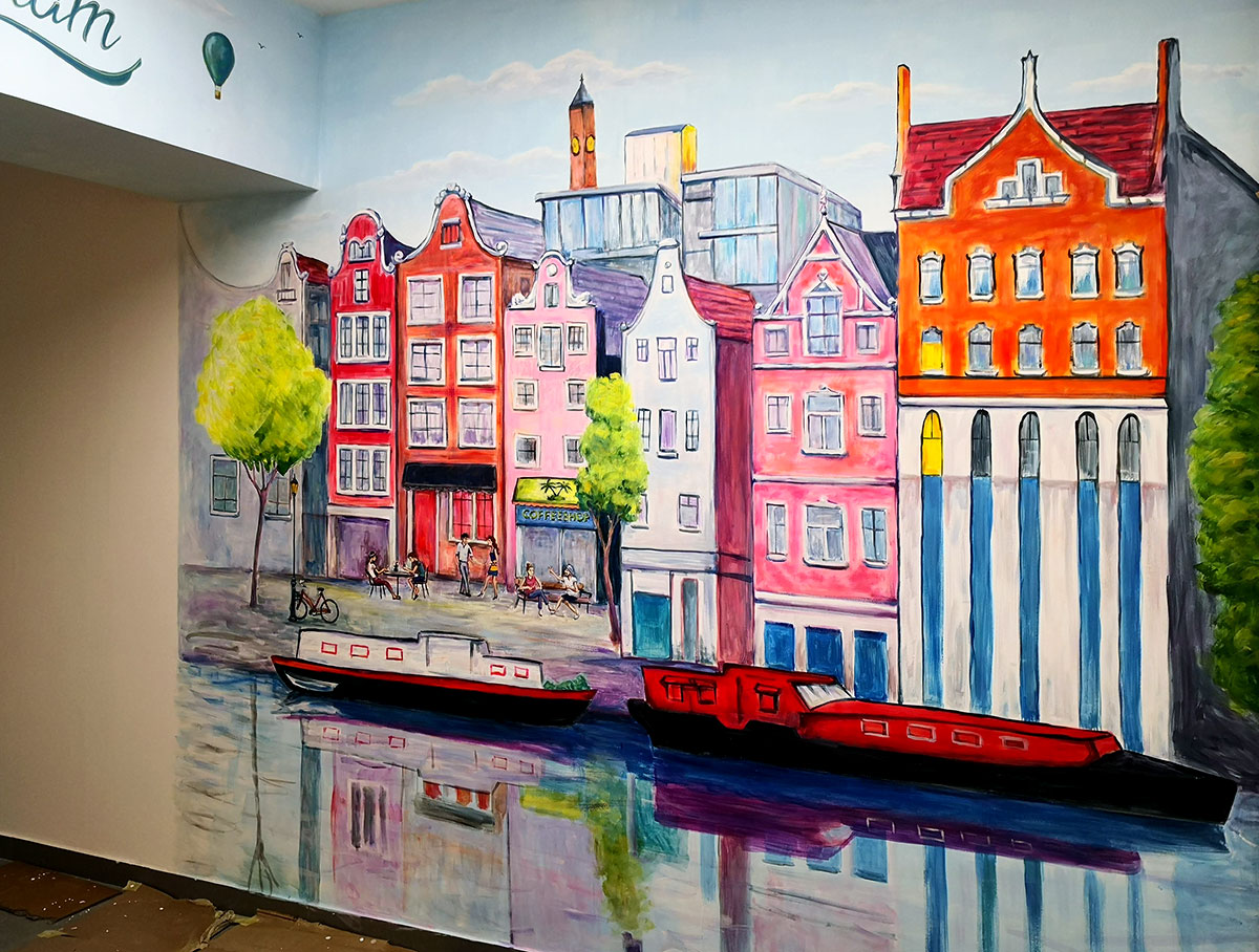 ציור קיר של רחוב באמסטרדם לחנות טבק