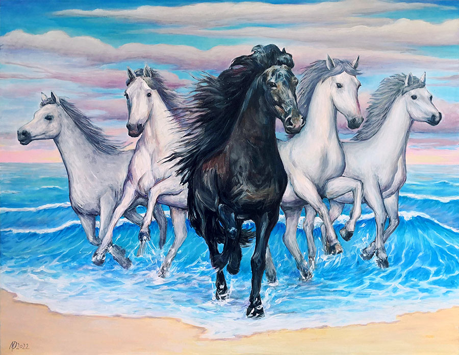תמונת בד של חמישה סוסים בים