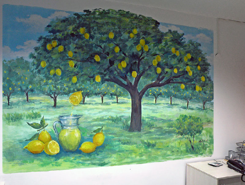 ציורי קיר עצי לימון עם קנקן לימונדה