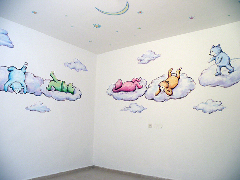 ציורי קיר לילדים דובונים על עננים וכוכבים