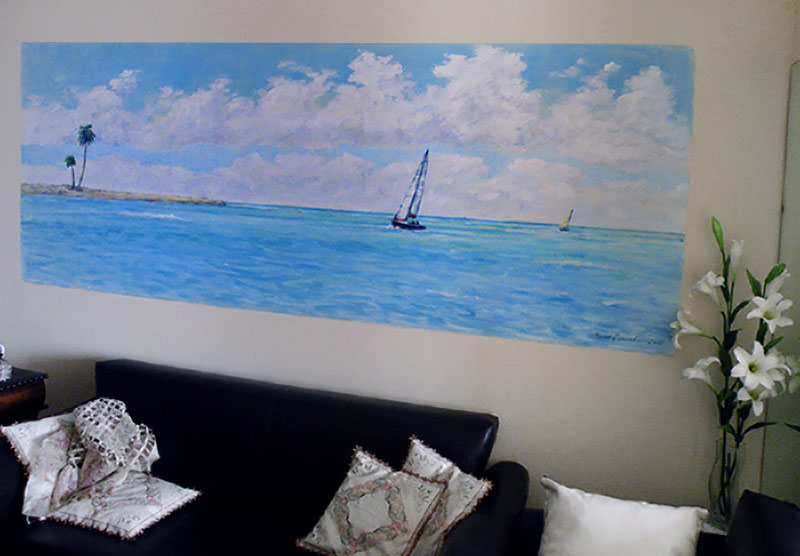 ציור קיר נוף עם סירות לסלון
