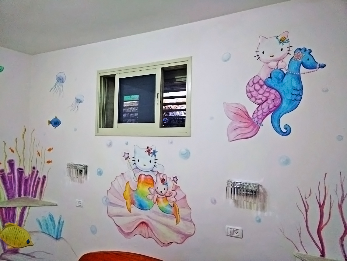 ציורי קיר של הלו קיטי בחדר ילדים