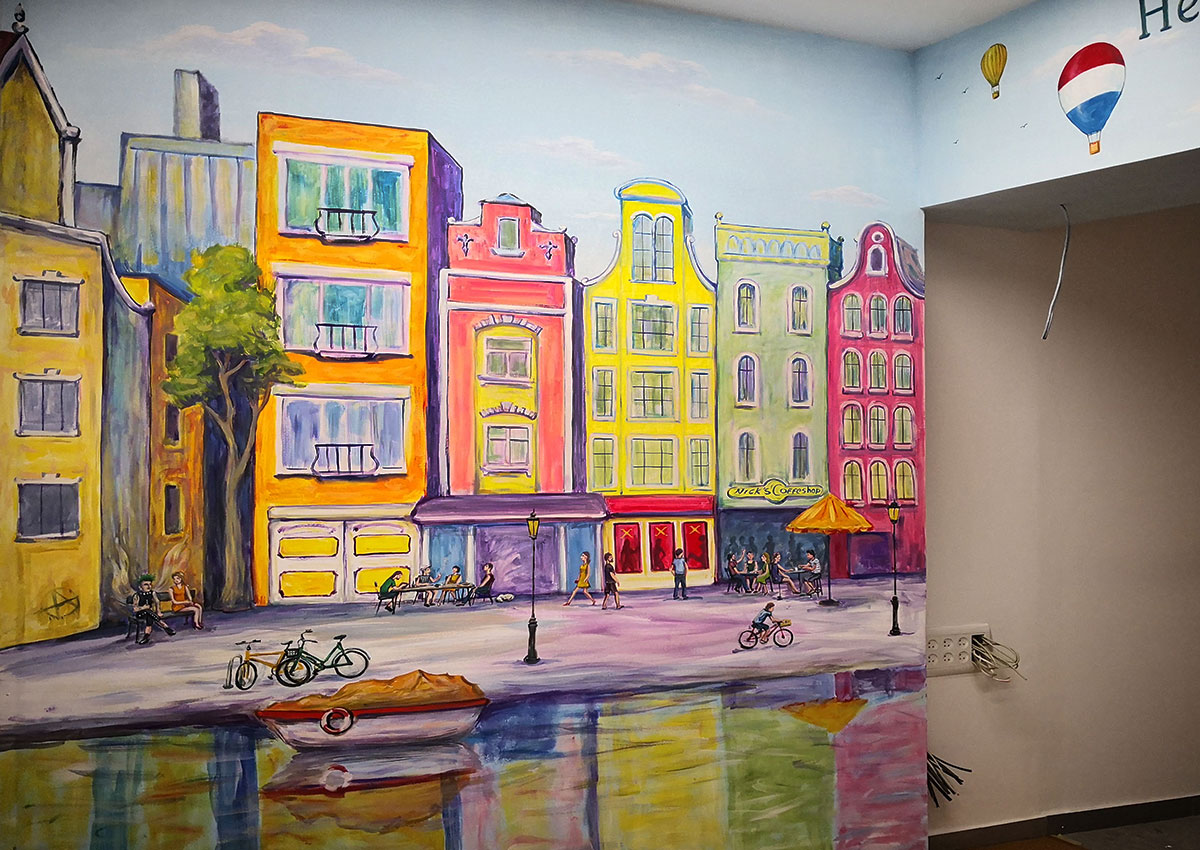 ציור קיר של רחוב באמסטרדם לחנות מוצרי טבק